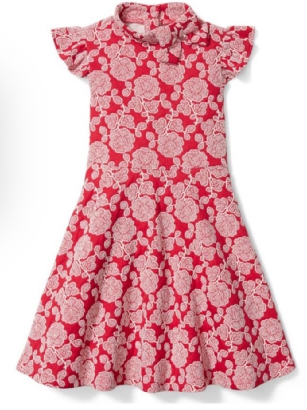 JANIE AND JACK Red Floral Jacquard Dress Holiday Bow Button Back Sz 4